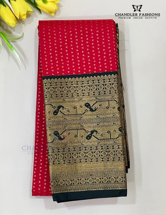 Beautiful Red Color Pure Kanchi Silk With Dark Green Peacock Motifs Border And Gold Zari Work Saree For Women