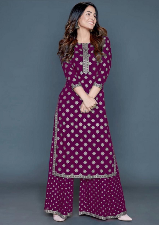 Appealing Purple Color Rayon With Gold Printed Palazzo Suits For Women