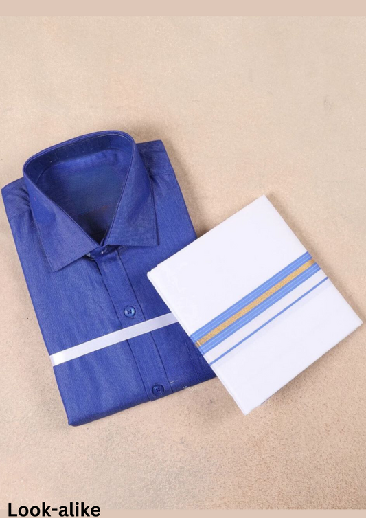 Beautiful Blue Color Mens Cotton Shirt With Blue Border Dhoti