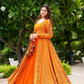 Alluring Printed Orange Shrug Style Indo Western Gown For Women