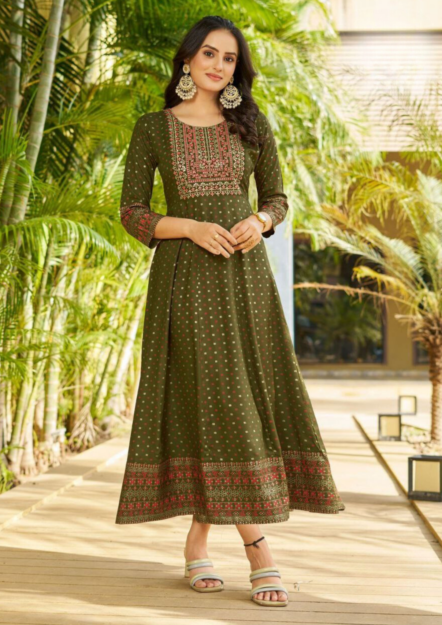 Beautiful Mehendi Green Color Rayon Foil Print Anarkali Gown With Embroidery Work