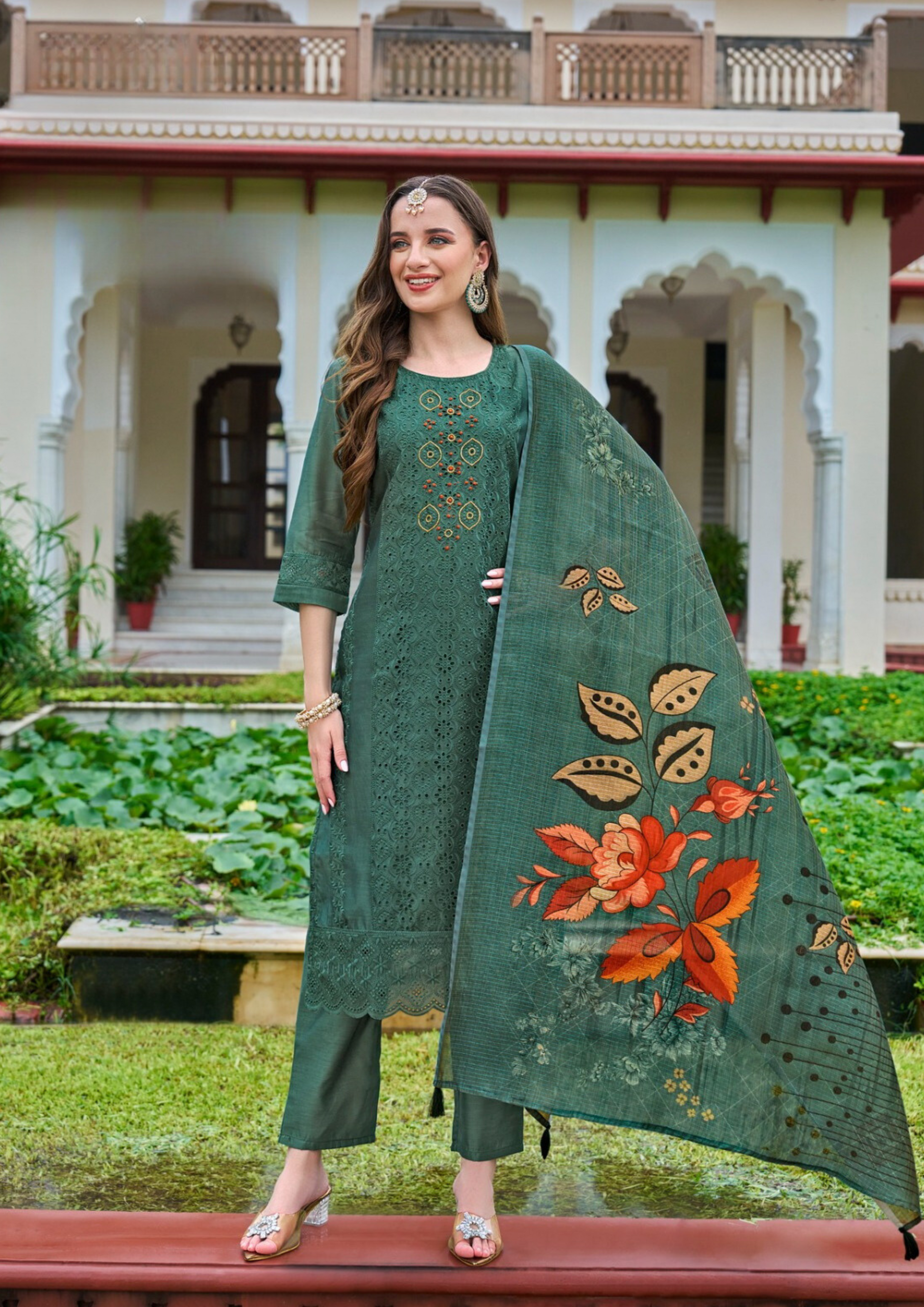 Gorgeous Teal Green Color Chanderi Silk Salwar Suits For Women