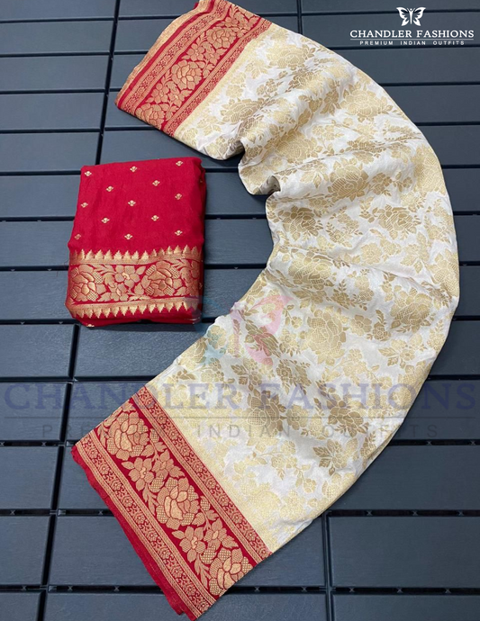 Beautiful White Color Silk With Zari Work Saree For Women