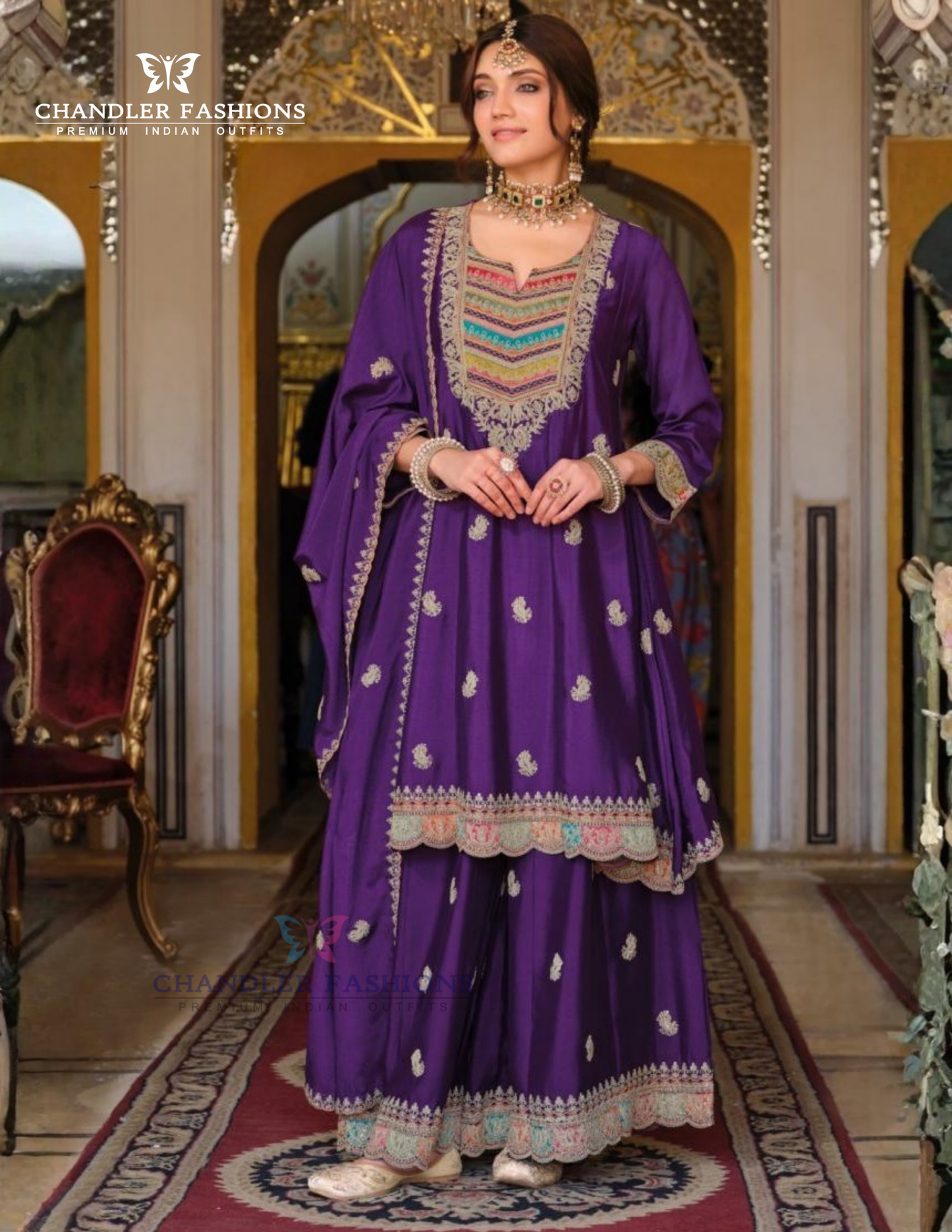 Ravishing Dark Violet Color Heavy Chinon Palazzo Suits With Embroidery Work For Women