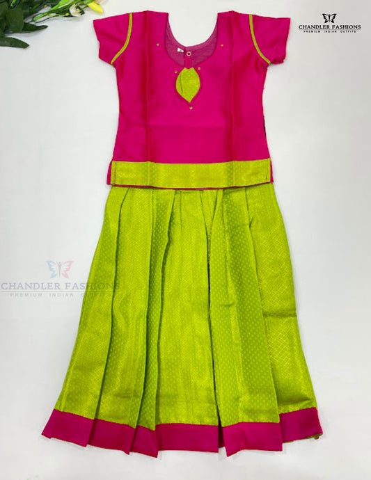 Pretty Pink Color Silk Langa Set With Zari Work For Girls