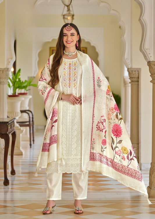 Beautiful Cream Color Chanderi Silk Salwar Suits For Women