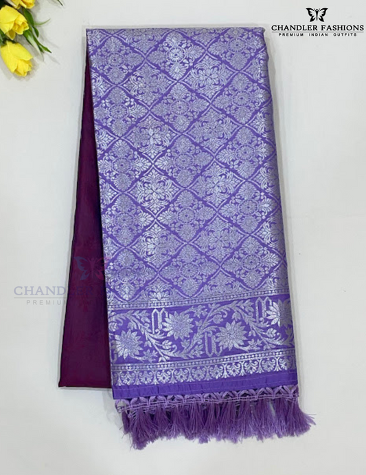 Alluring Dark Purple And Light Blue Art Silk Saree With Silver Zari Work For Women
