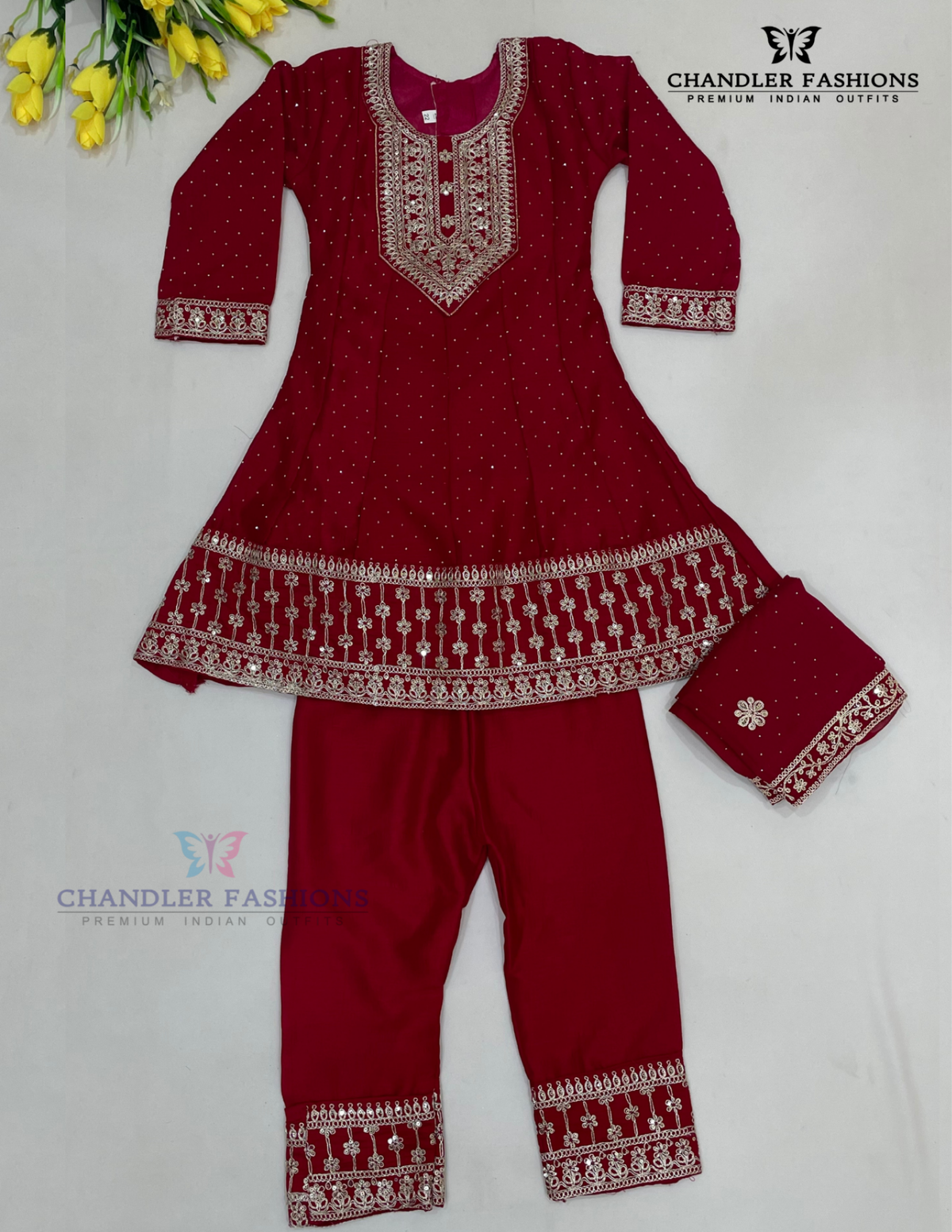 Stunning Red Color Georgette With Stone Work Kurti Suits For Kids Girls