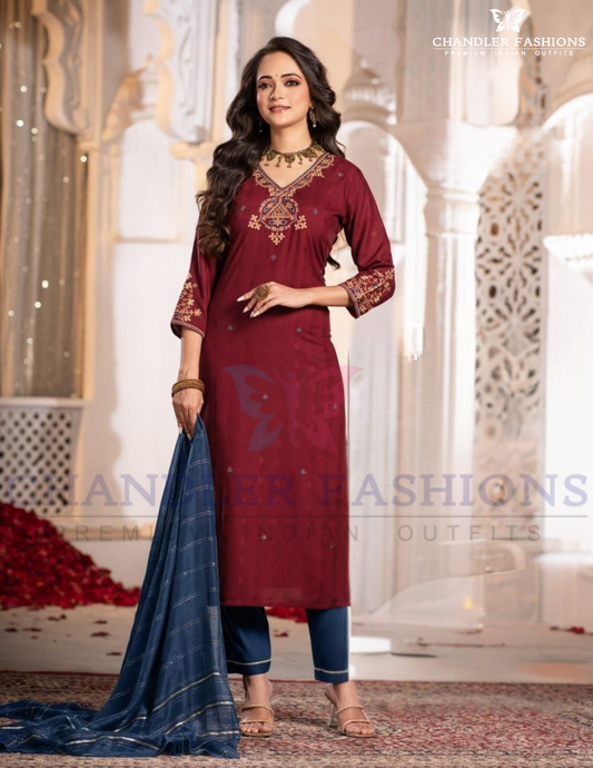 Elagent Maroon Color Embroidery Work Salwar Suits With Dupatta