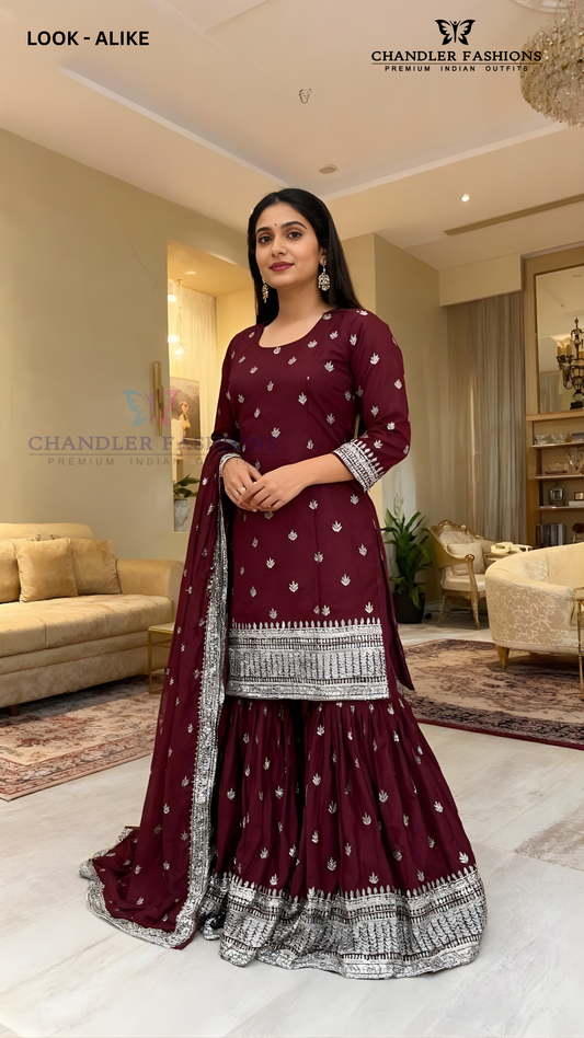 Charming Maroon Colored Pure Chinon With Heavy Embroidery Sequins Work Sharara Suits With Dupatta