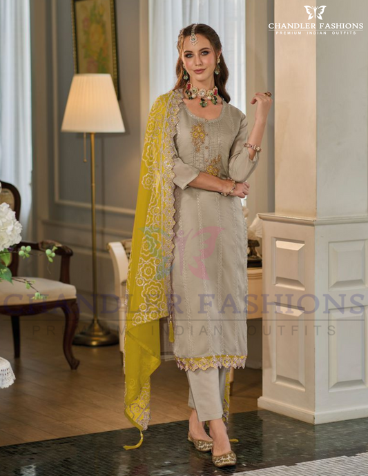 Beautiful Gray Color Organza With Embroidery Salwar Suits With Dupatta For Women