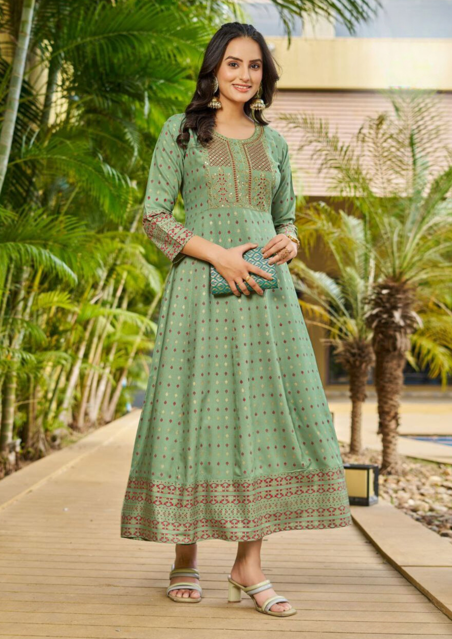 Attractive Light Green Color Rayon Foil Print Anarkali Gown With Embroidery Work