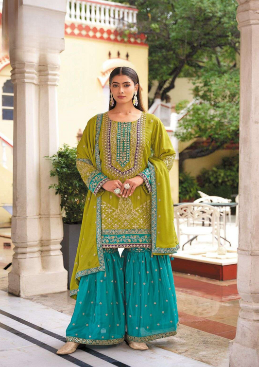 Gorgeous Pista Green Color Chinon Viscous Sharara With Embroidered Work For Women