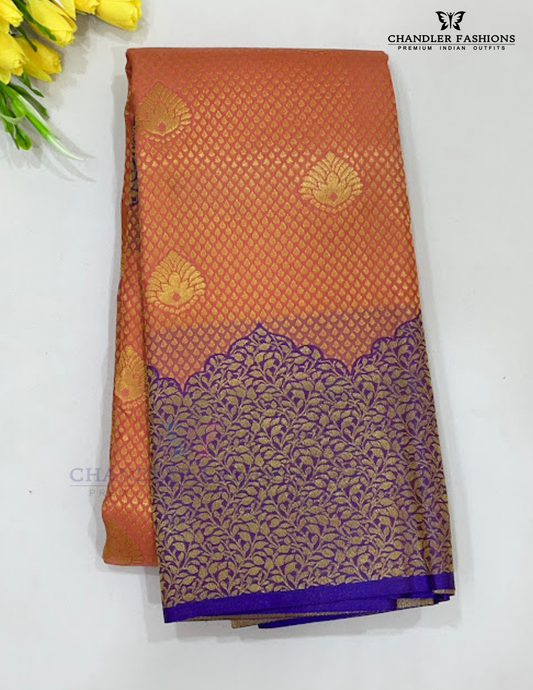 Charming Peach Color Pure Kanchi Silk With Unique Lavender Purple Leaf Motifs Border And Gold Zari Work Saree For Women - SILKMARK CERTIFIED