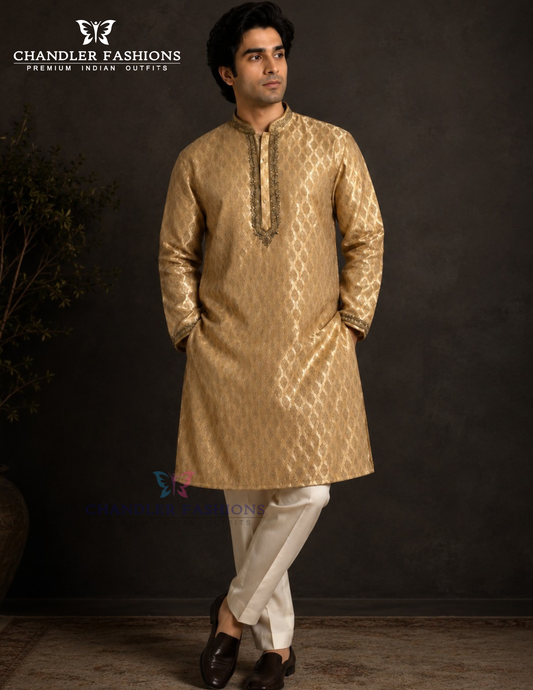 Dazzling Banarasi Brocade Gold Colored Self Design Embroidery Work Kurta Pajama For Men