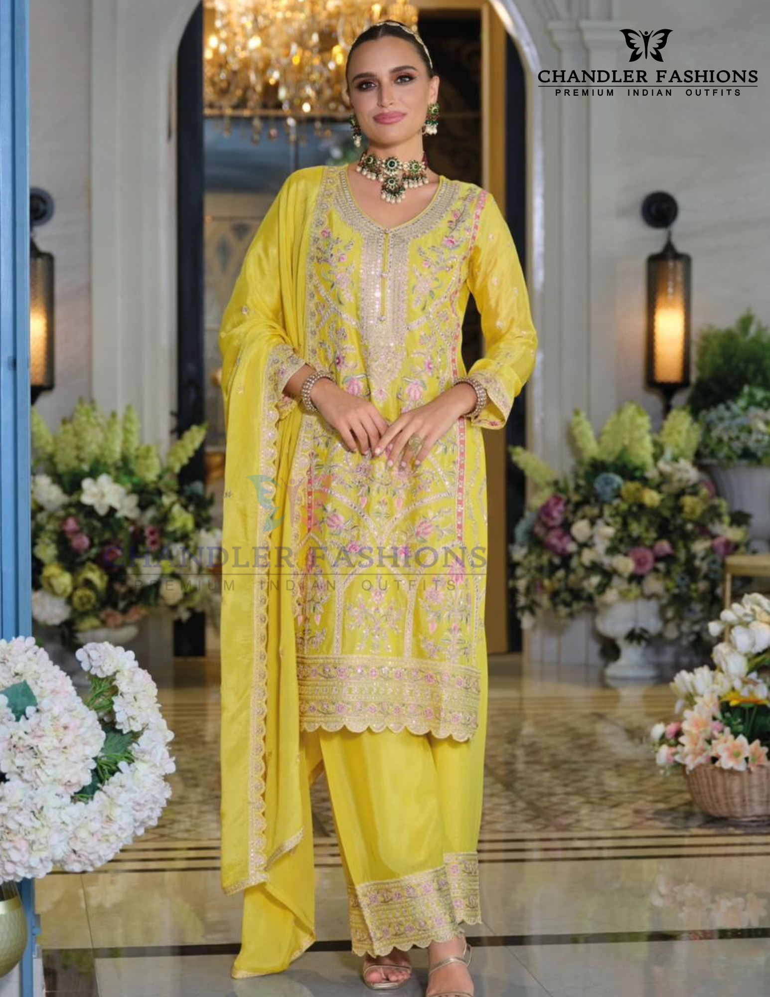 Wonderful Yellow Color Embroidery Work Kurti With Palazzo Pant Set For Women