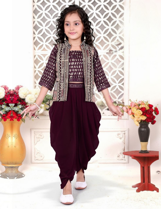 Alluring Brown Color Viscose Silk Embroidered Dhoti Model Kurti Suits For Girls