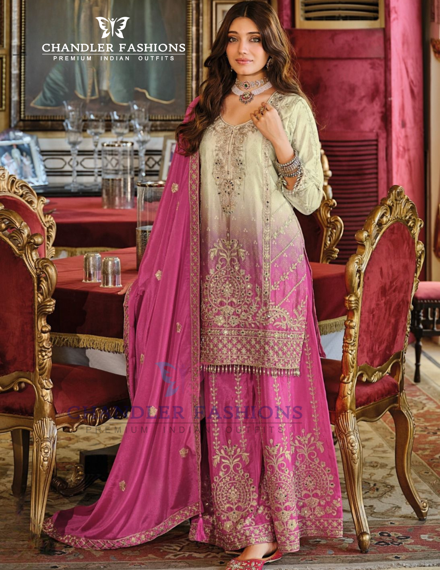 Pink Color Chinon With Digital Print And Embroidery Work Palazzo Suits Near Me