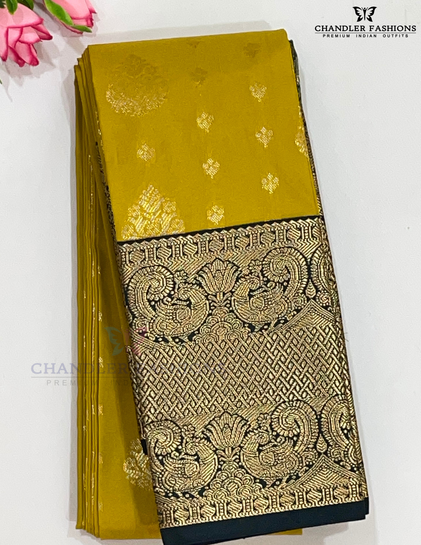 Attractive Yellow Color Pure Kanchi Silk With Dark Elegant Green Color Peacock Motifs Border And Gold Zari Work Saree For Women