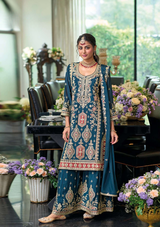 Attractive Designer Teal Green Color Palazzo Suits With Dupatta For Women