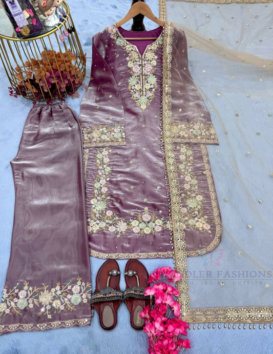 Pretty Lavender Color Embroidery And Sequins Work With Palazzo Suits For Women