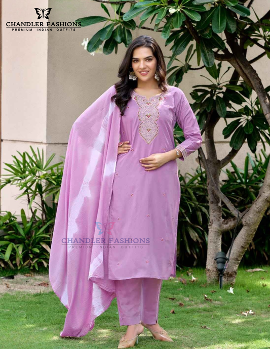 Attractive Lavender Color Cotton With Embroidery Work Salwar Suits For Women