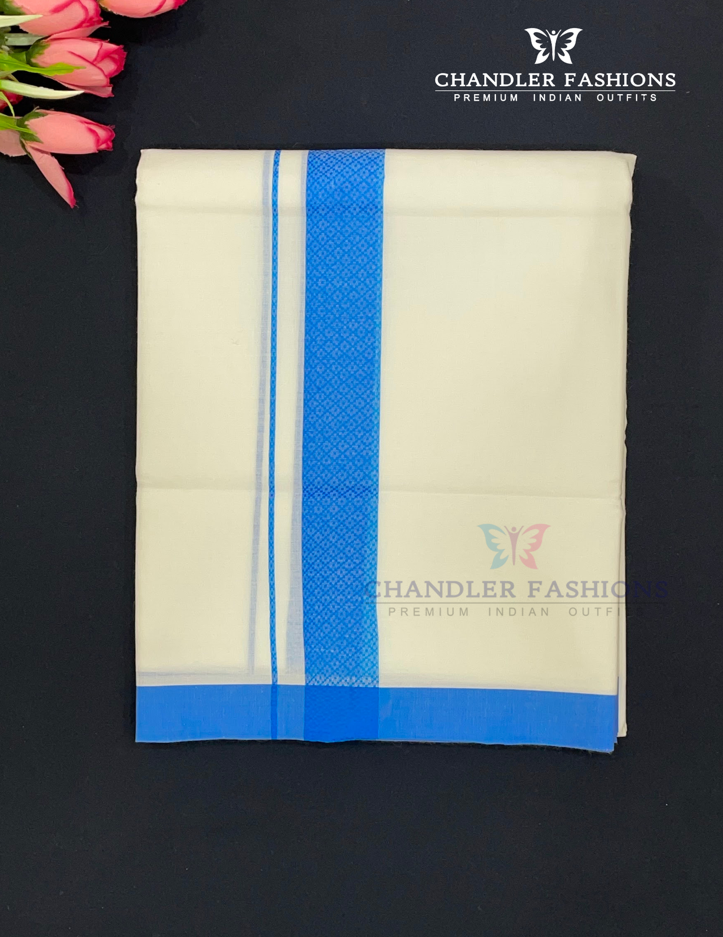 Charming Men's White Color Cotton Dhoti With Blue Border