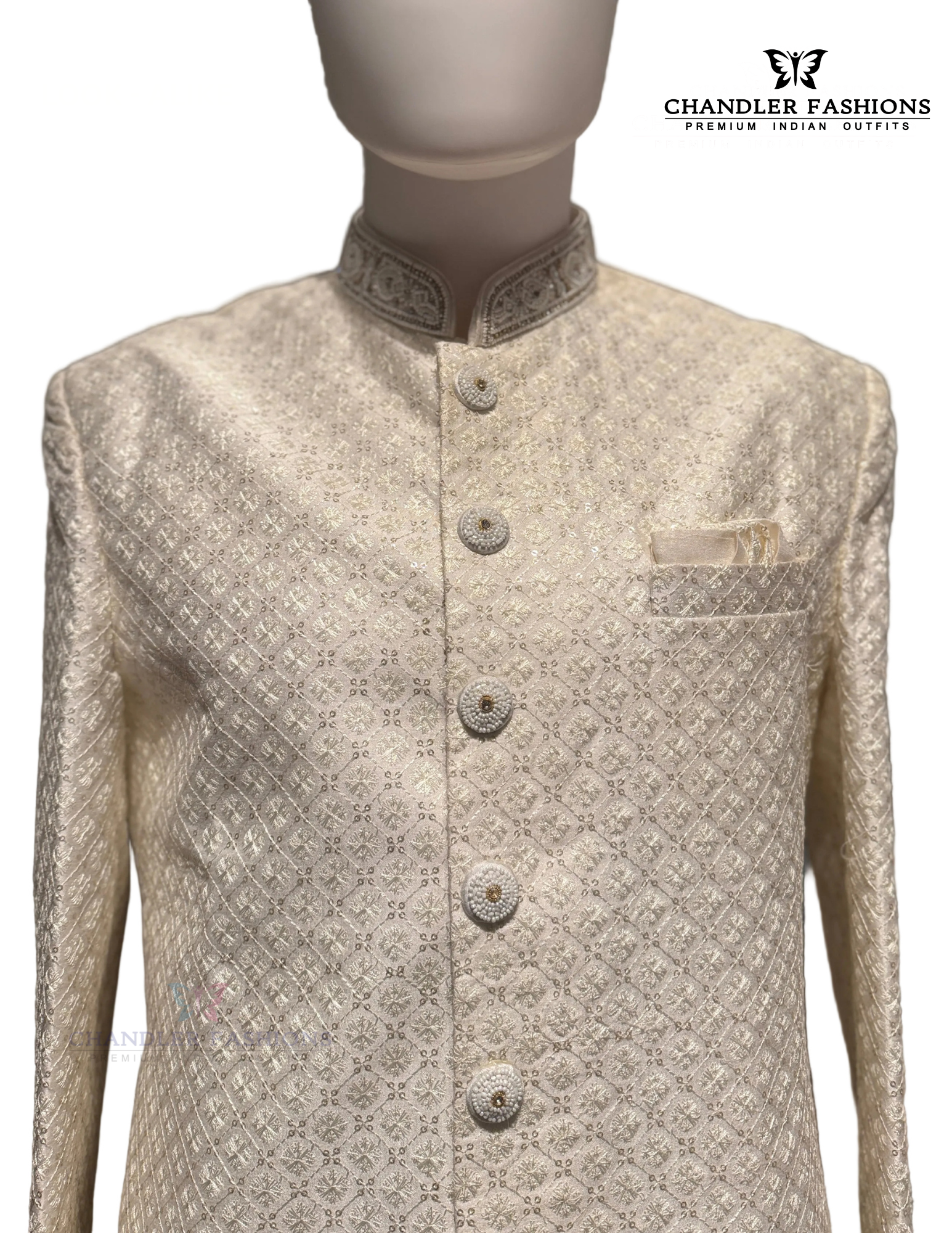Cream Color With Hand Embroidery And Sequins Work Silk Sherwani In USA