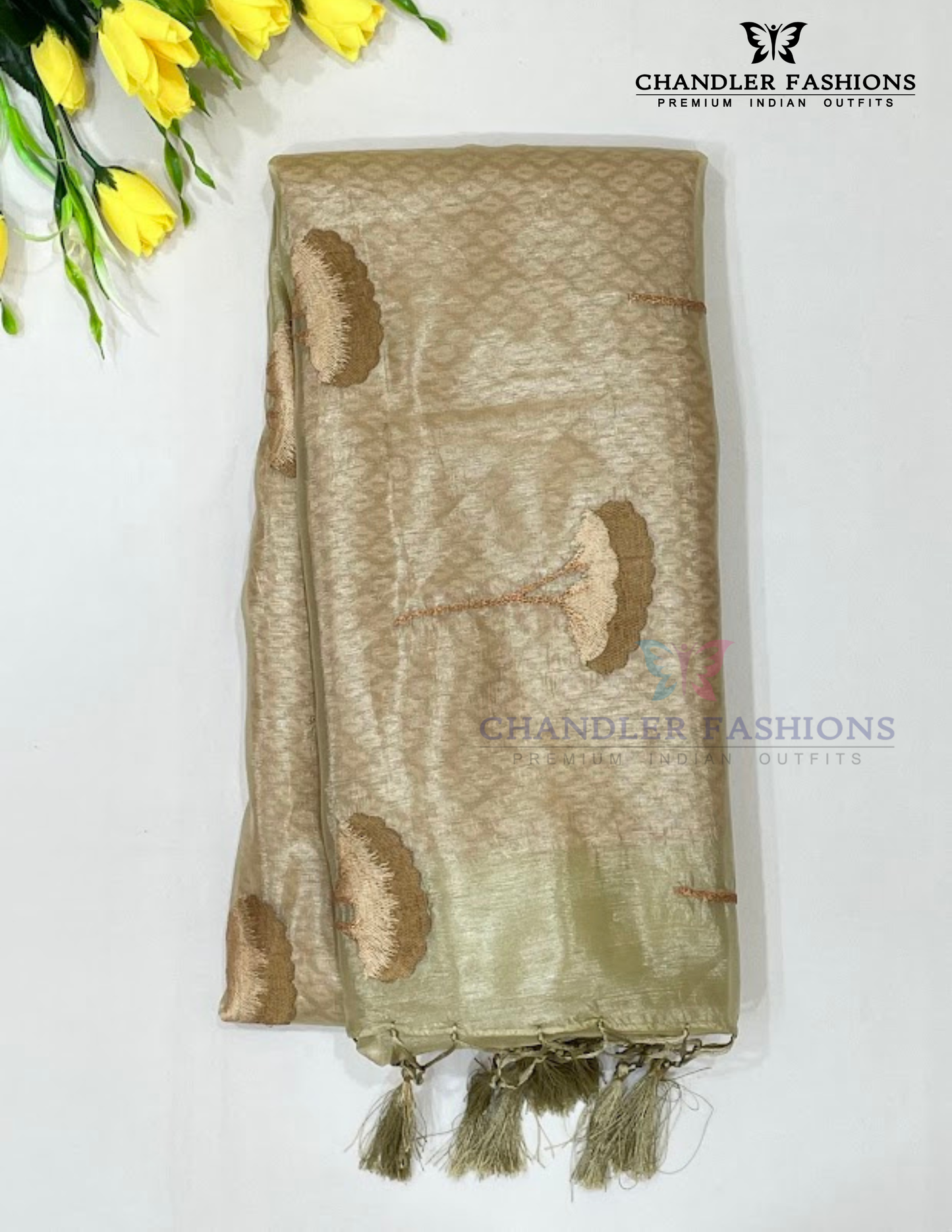 Appealing Beige Color Organza Saree For Women