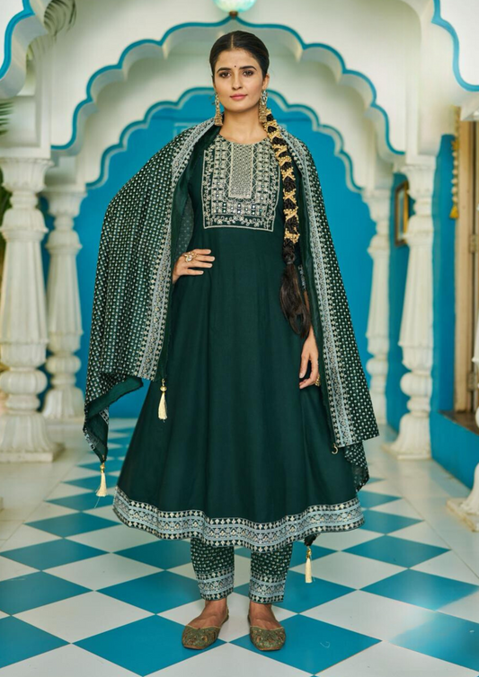 Elegant Green Color Rayon Foil Print And Embroidery work Salwar Suits For Women