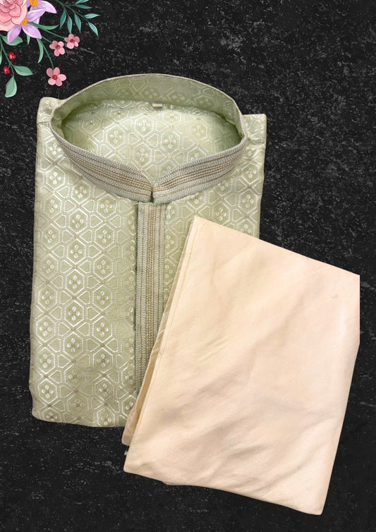 Charming Green Colored Silk Cotton Silver Zari Brocade Kurta For Men