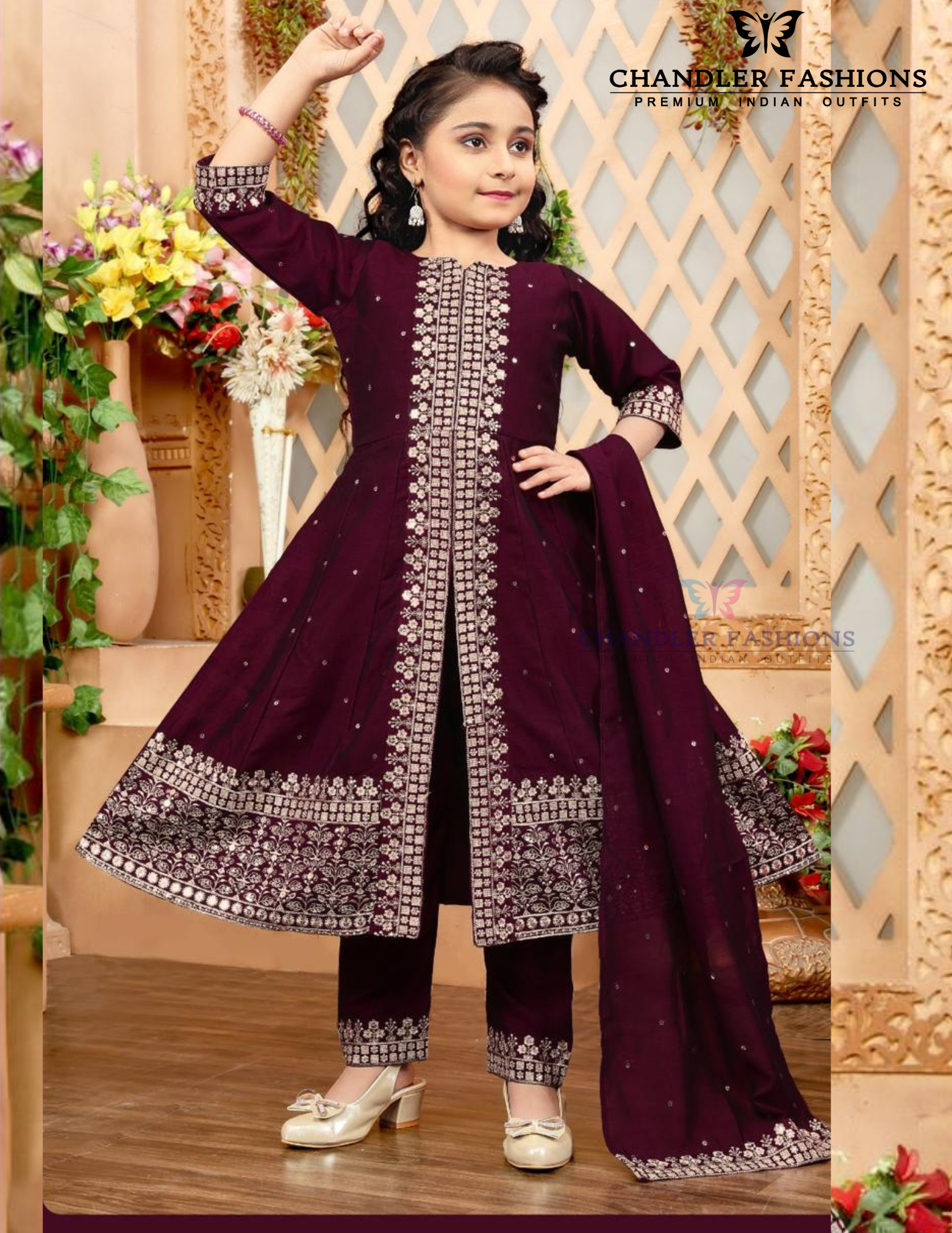 Elegant Wine Color Silk With Embroidery Work Girls Kurti Suit