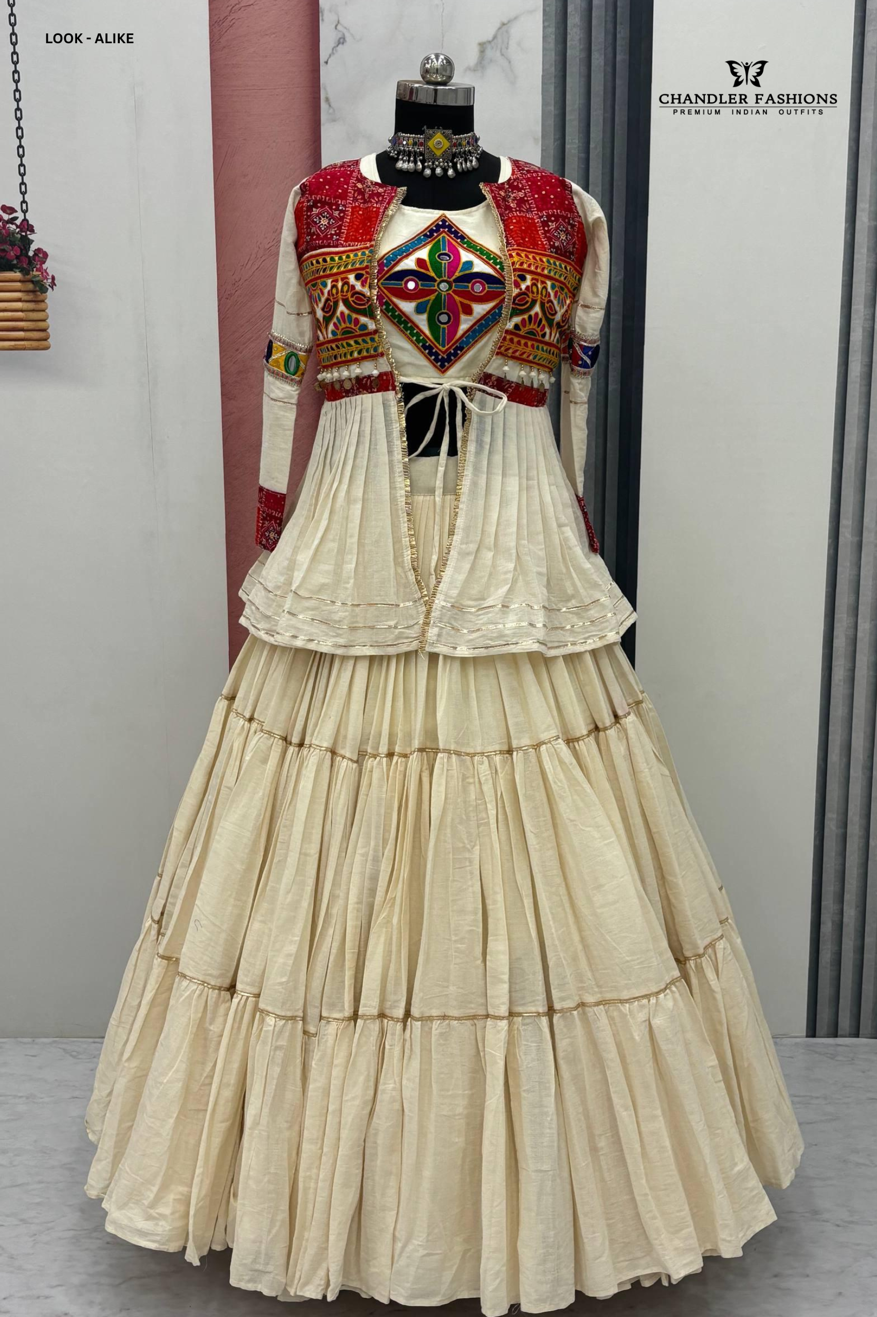 Attractive White Colored Mirror Lace Work Chaniya Choli Sets In USA