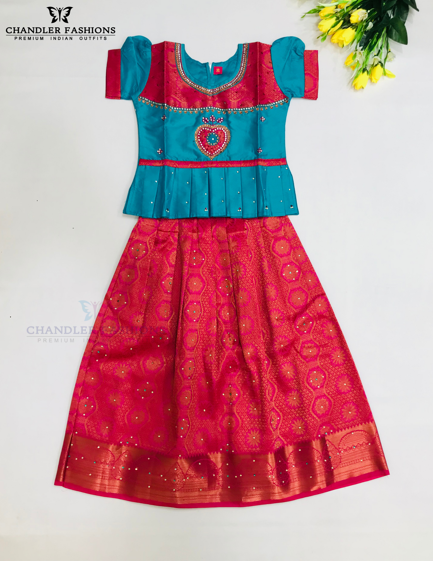 Elegant Sky Blue Colored Silk Langa Sets With Stone Work For Girls
