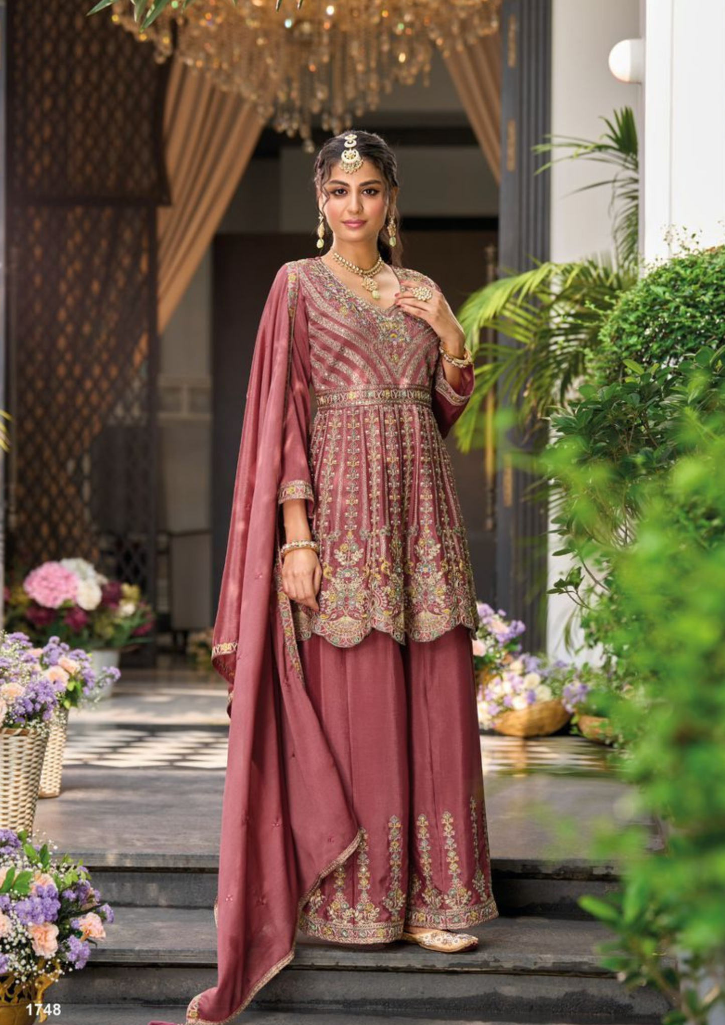 Charming Pink Color Heavy Chinon With Embroidery Work Sharara Suits With Dupatta