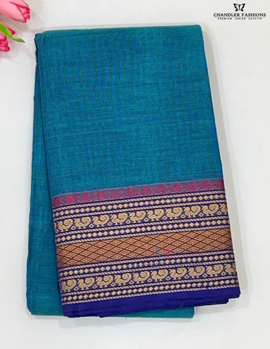 Attractive Teal Blue Color Cotton With Zari Work Saree For Women