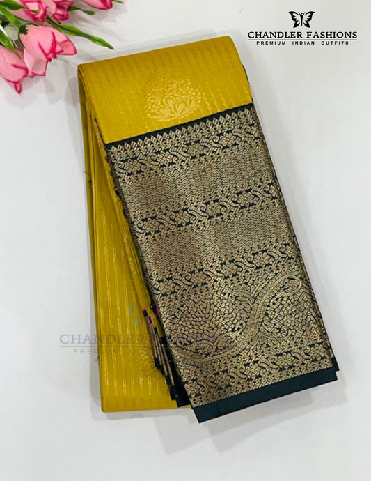 Gorgeous Mustard Yellow Color Pure Kanchi Silk With Dark Green Traditional Motifs Border And Gold Zari Work Saree For Women