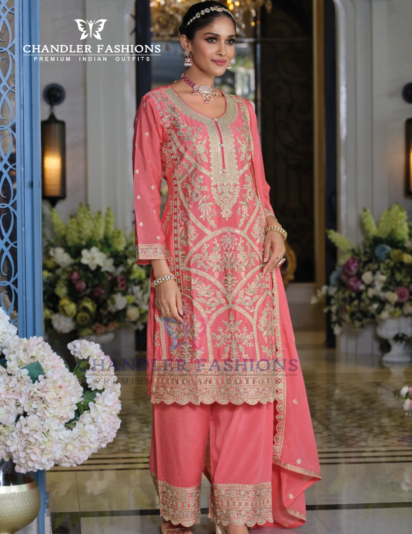 Stunning Pink Color Chinon Embroidery Work Kurti With Palazzo Pant And Dupatta