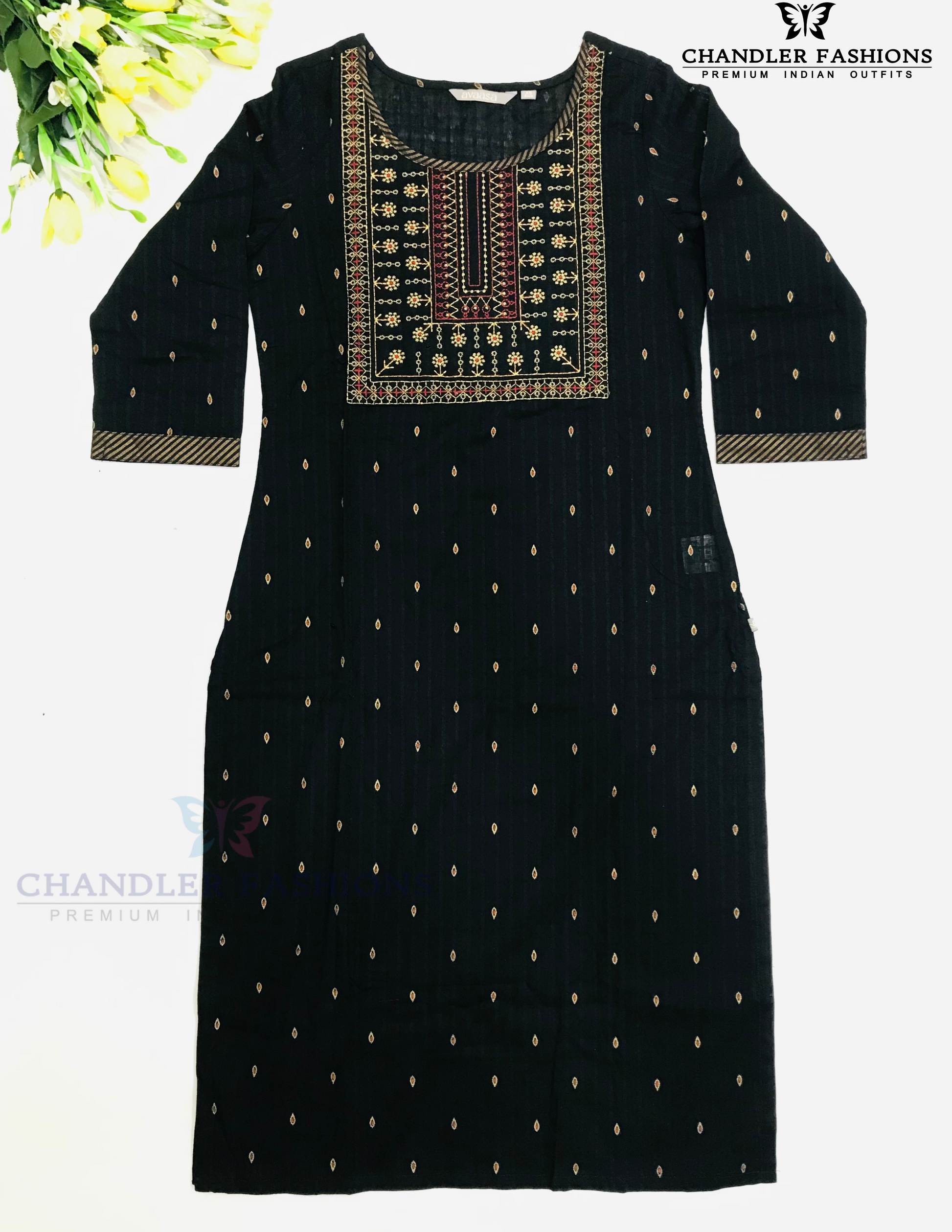 Alluring Black Color Cotton Kurti With Embroidary Work For Women