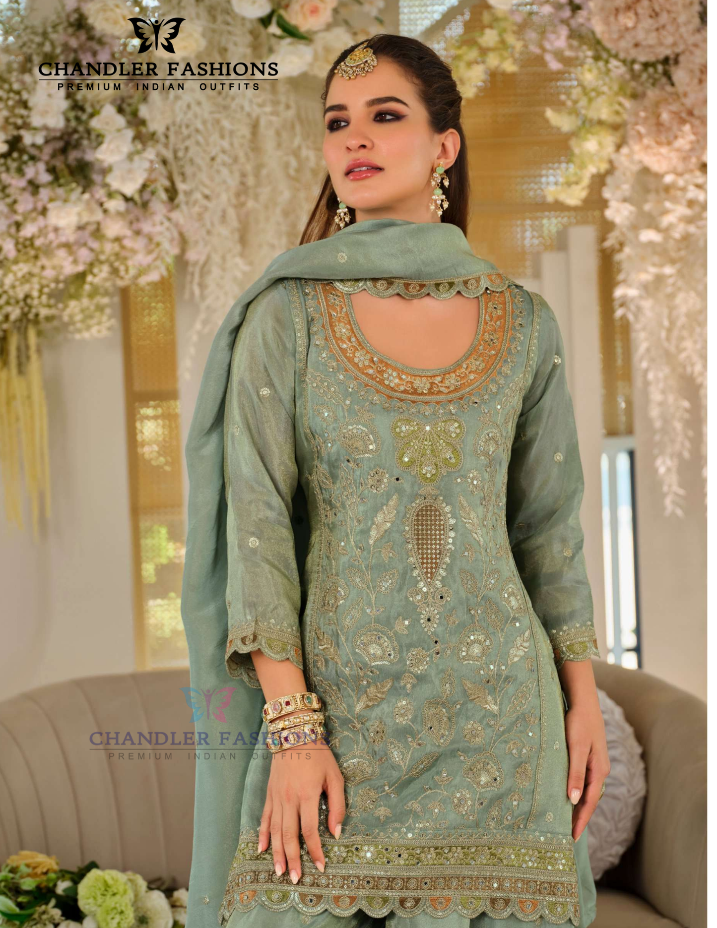 Green Color Chinon With Embroidery And Sequins Work Palazzo Suit In Chandler