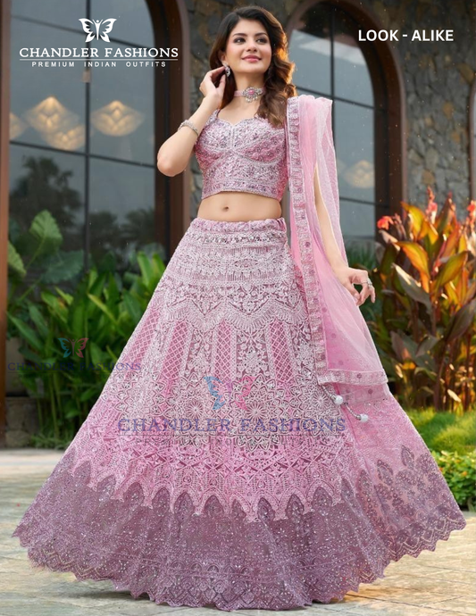 Charming Baby Pink Color Net With Embroidery Work Lehenga For Women
