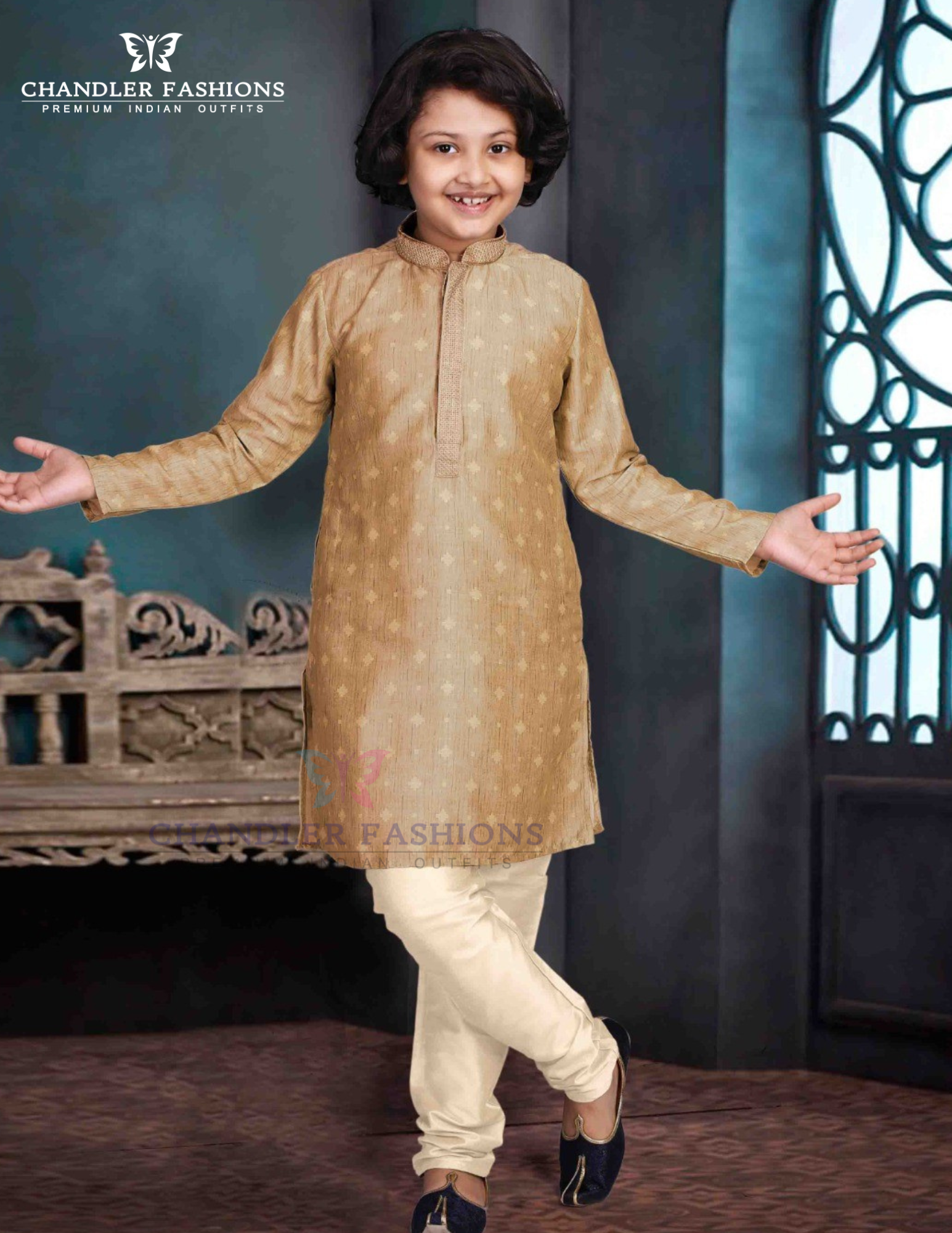 Fantastic Beige Color Cotton Blend Kurta Pajama Set For Kids
