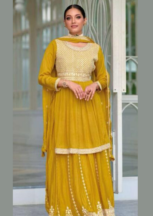 Attractive Yellow Color Front And Back Embroidery Designer Kurti