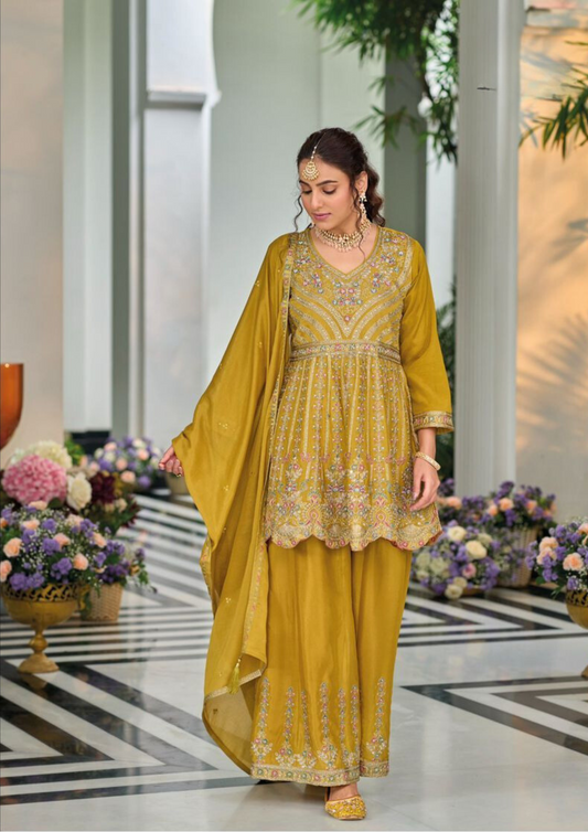 Elegant Yellow Color Heavy Chinon With Embroidery Work Sharara Suits With Dupatta