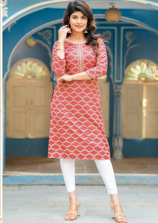 Lovely Pink Color Rayon Gold Print Kurti With Fancy Embroidery Work For Women