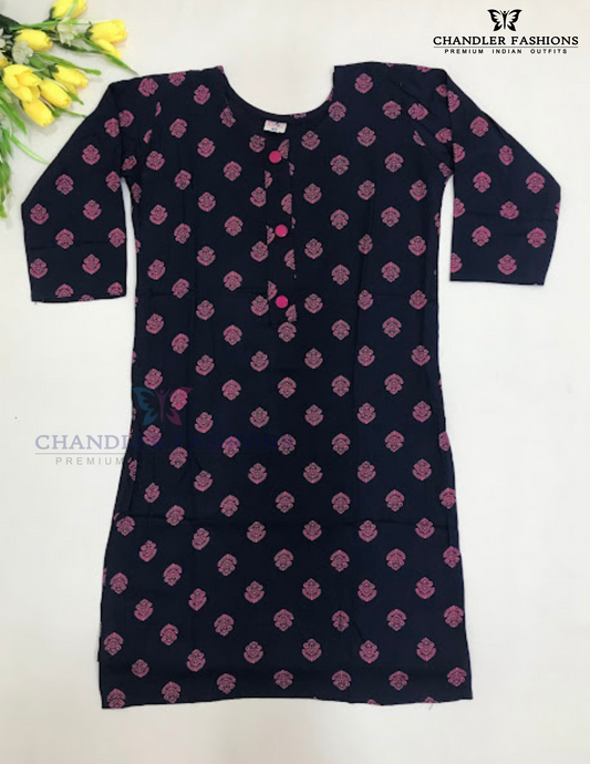 Alluring Blue Color Rayon Printed Work Kurti For Girls
