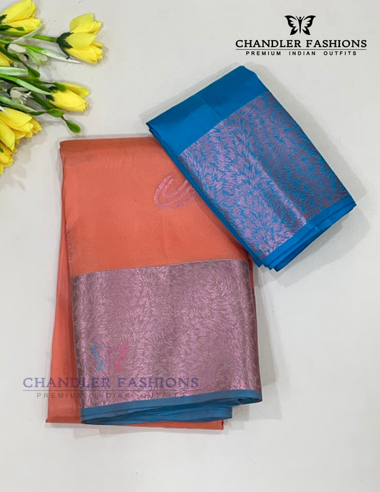 Charming Peach With Blue Color Pure Kanchi Silk With Traditional Motifs Rich Pallu Design Gold Zari Work Saree For Women