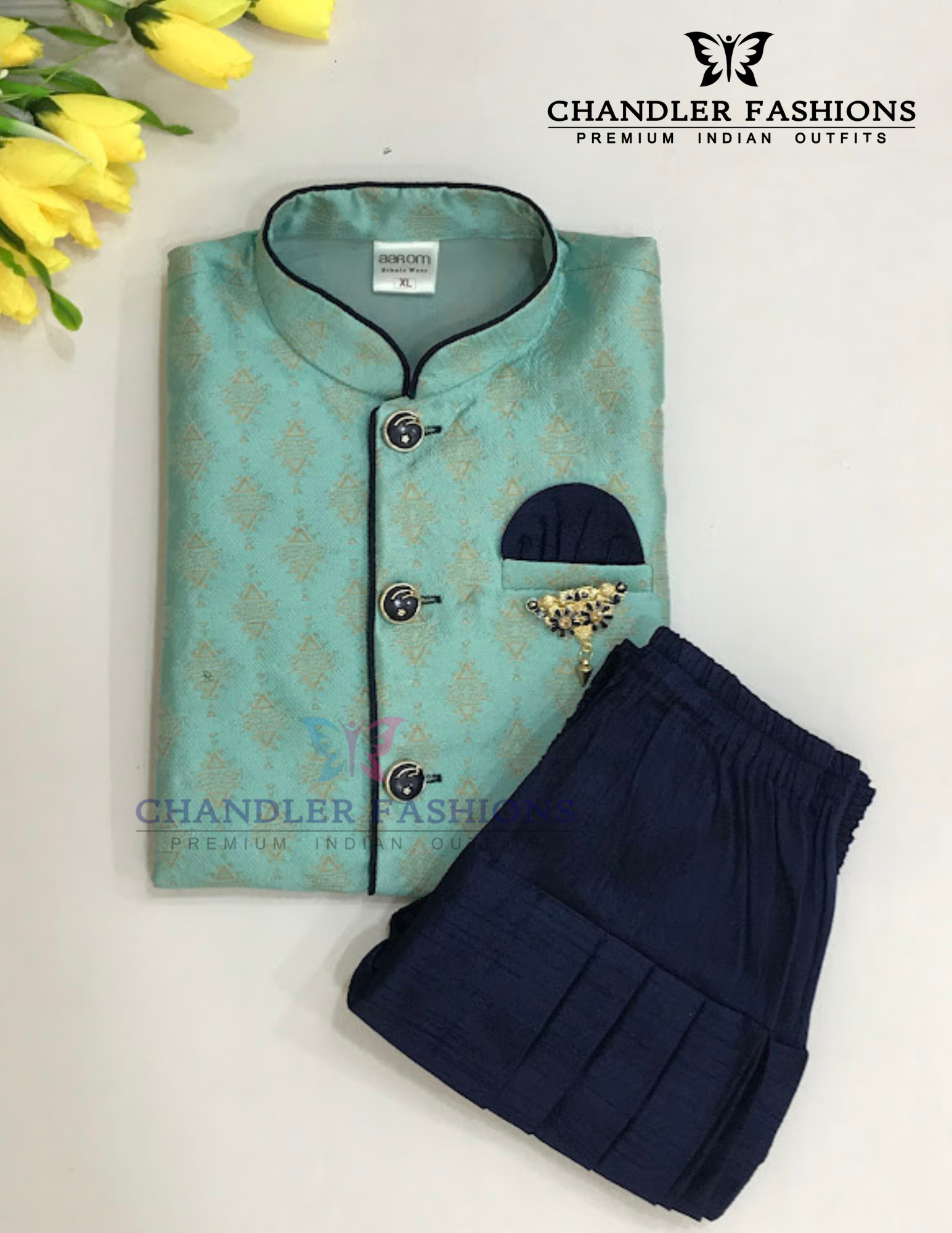 Sea Blue Color Sherwani Suit With Brooch Pin Near Me