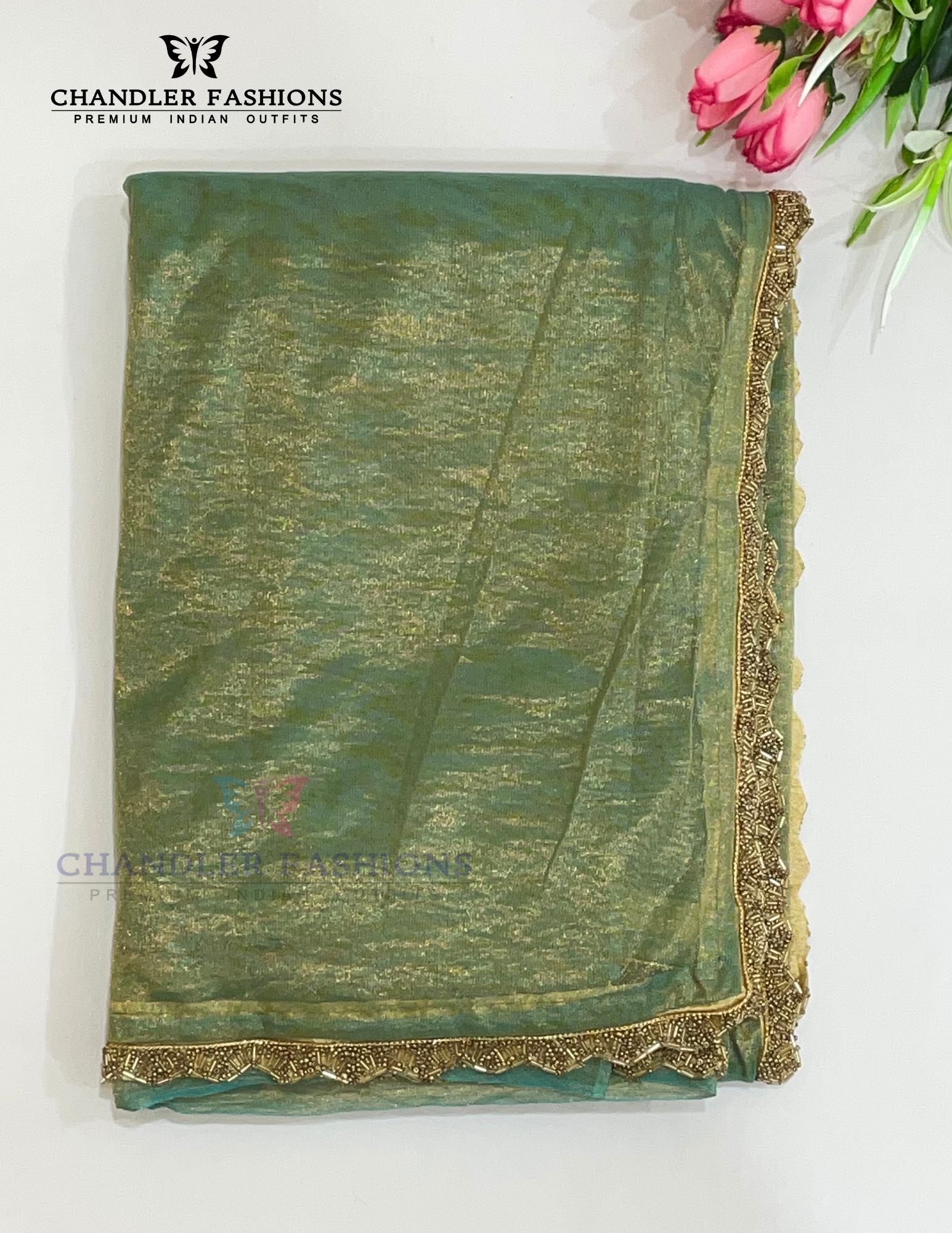 Attractive Green Color Soft Organza Saree With Beads Border Work For Women