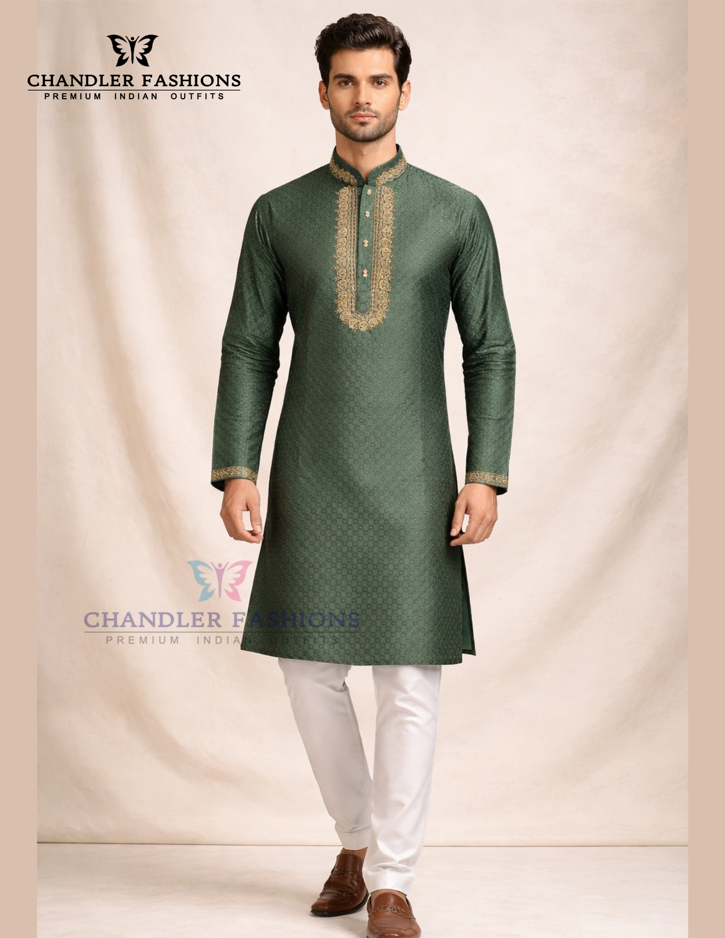 Delightful Green Color Brocade Designer Men's Kurta With Pajama Pant